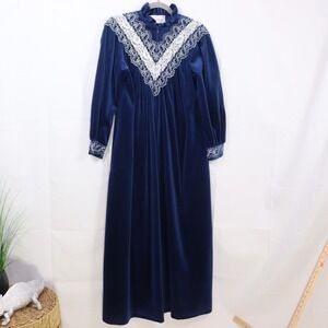 Donna Richard Velour Robe Small Blue Womens Lace Trim Long Sleeve‎ Nightgown
